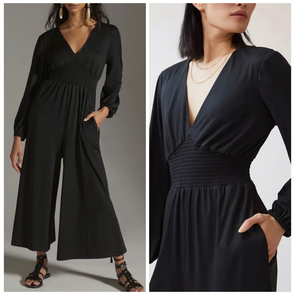 Anthropologie Hutch Jumpsuit Womens Medium Black Smocked Waist Long Sleeve VNeck